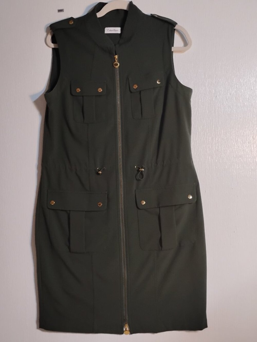 Calvin Klein zip front sleeveless mini dress in olive green